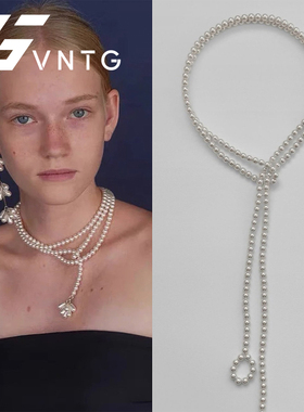 VINTAGETASTE 复古珍珠花蕊吊坠白色多层毛衣链项链小众设计感ins