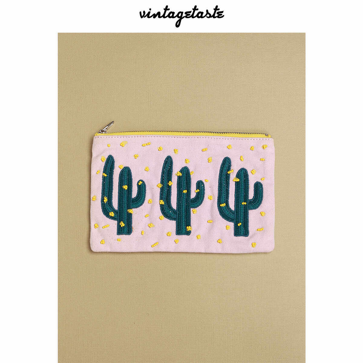 VINTAGETASTE 原创设计仙人掌刺绣手工钉珠拉链包手拿包手拿包