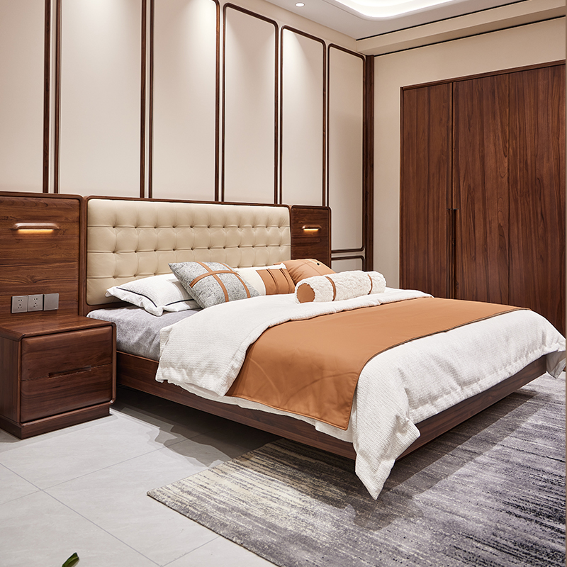 荣圣意式柚木真皮软包双人床