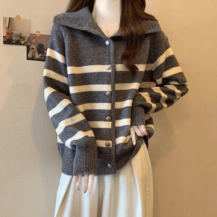 条纹撞色针织毛衣女开衫