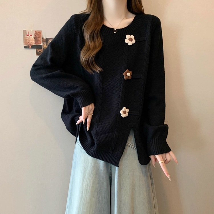 女装毛衣2025秋冬新款温柔奶系套头甜美圆领花朵立体装饰针织衫