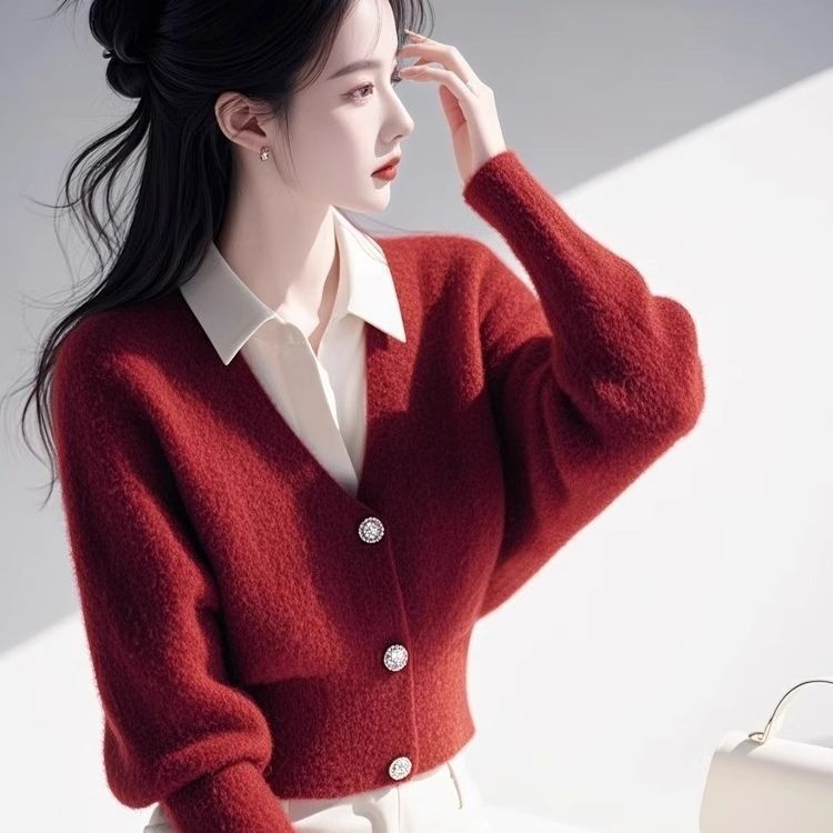 安哥拉红衬衫领假两件毛