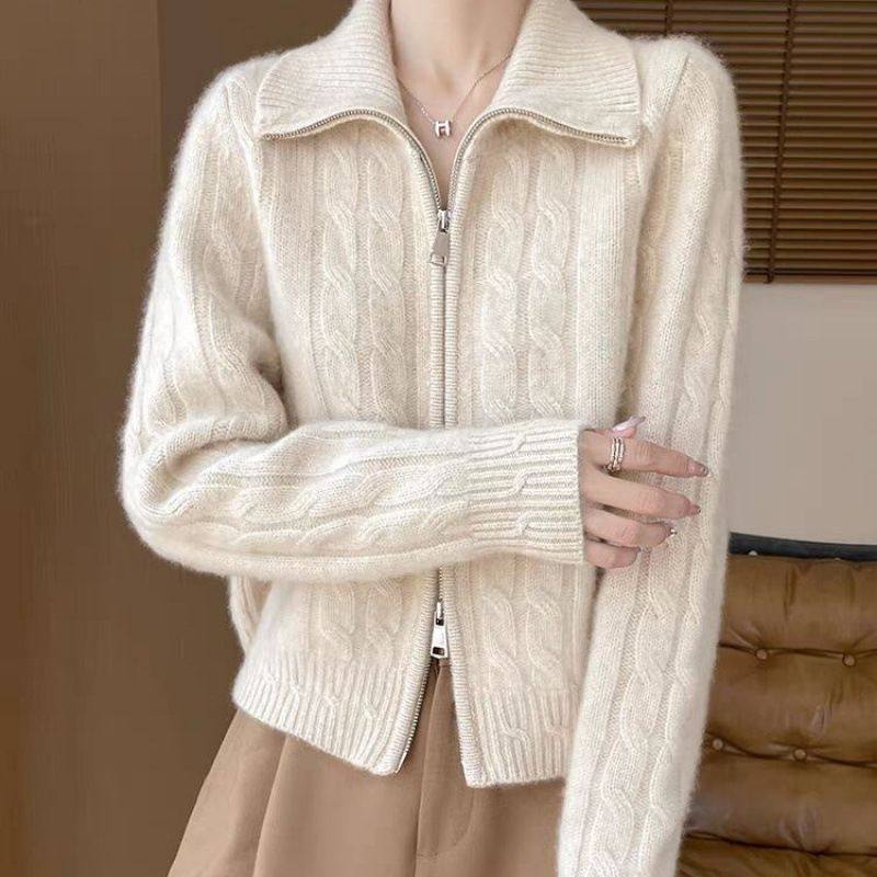 双拉链翻领扭花开衫女软