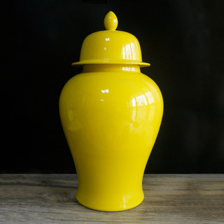 景德镇陶瓷新中式将军罐摆件储蓄罐装饰品落地创意黄色花插大花瓶