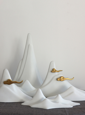 样板间书房博古架家居软装饰白山现代新中式金祥云假山陶瓷大摆件