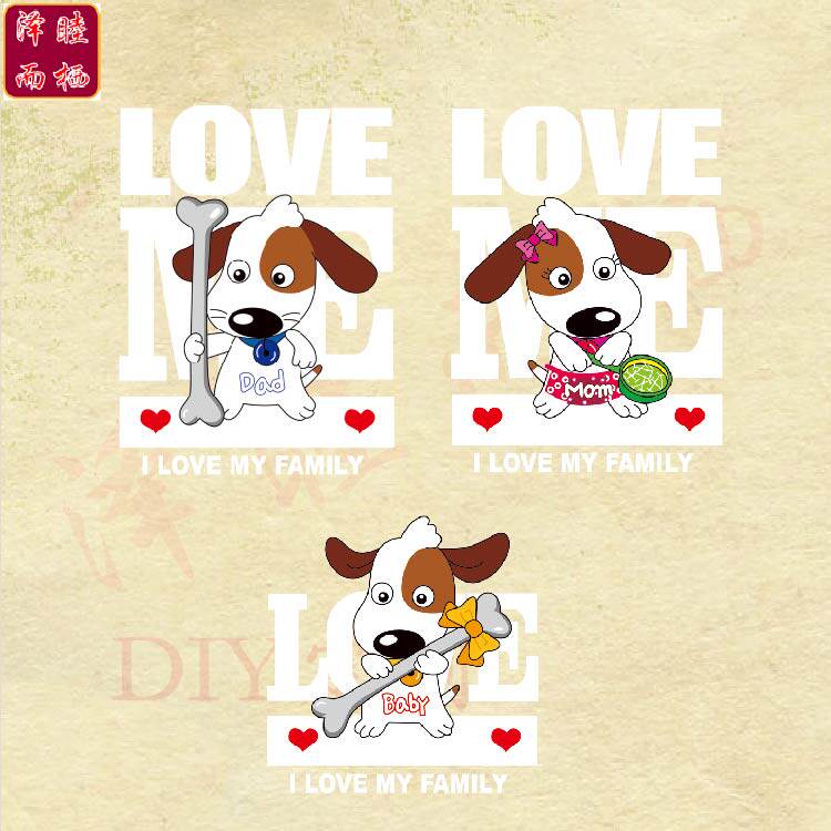 情侣亲子卡通动物狗图案热转印可来图定制空白衫装饰辅料烫画贴