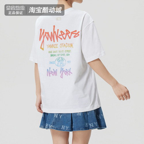 MLB短袖男女涂鸦渐变印花圆领T恤