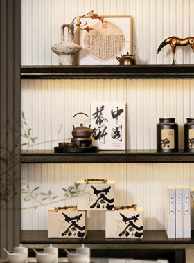 样板间工艺品摆件新中式书柜组合茶具装饰品办公室样板间茶室布置