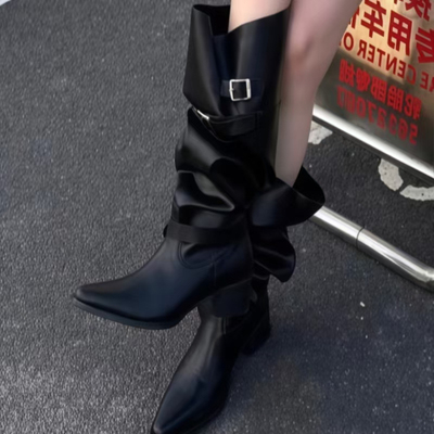 美拉德褶皱堆堆靴不过膝尖头骑士靴中跟粗跟高筒靴皮带扣宽筒靴子