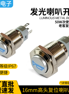 16mm喇叭开关金属按钮12V24V带灯/防水IP67汽车电动车摩托车改装