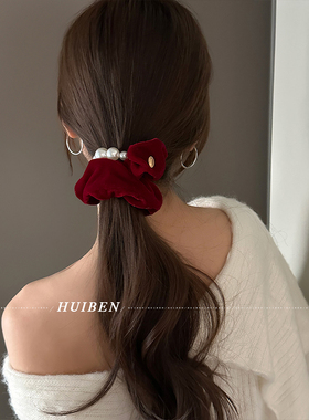 富家千金~珠光丝绒珍珠大肠发圈头绳少女高级感头花皮筋马尾发绳