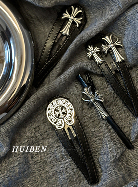 k罗心黑色系皮质刘海夹复古哥特风小众高级感侧边夹BB夹无痕发夹