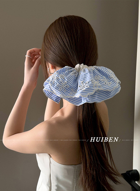 HUI~清新蓝白刺绣发圈女蕾丝马尾头绳高弹力时尚气质洋气头花发绳