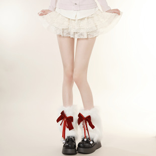 辣妹日记CL圣诞新年甜美毛绒腿套冬y2k丝绒蝴蝶结Lolita毛绒袜套