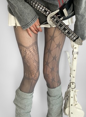 辣妹日记CL灰色蕾丝连裤袜女y2k镂空提花不对称丝袜防勾丝渔网袜