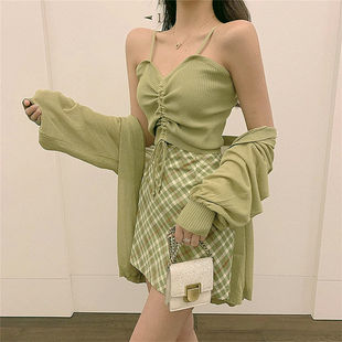 气质女装套装裙夏季时尚新款绿色开衫上衣抽绳吊带背心格子半身裙