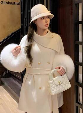 韩系高级感杏色毛呢大衣女秋冬季2025新款小香风甜美短款呢子外套