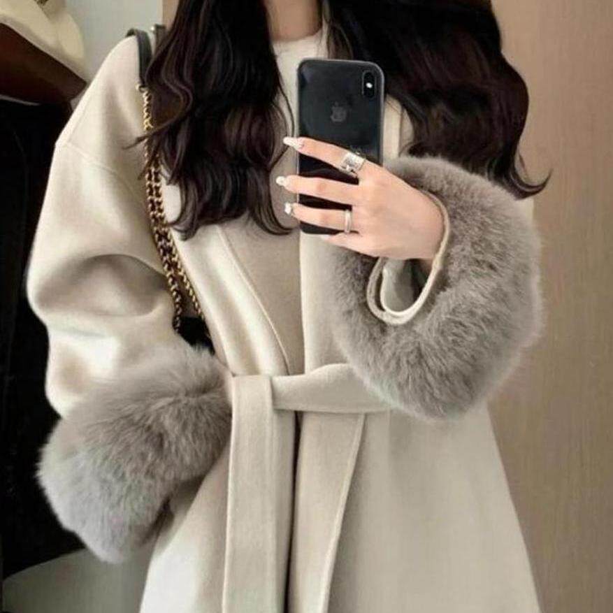 留洋千金风成熟显瘦毛呢大衣女秋冬新款狐狸毛袖口中长款呢子外套
