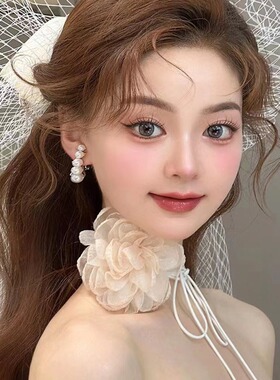 网纱花朵皮蜡线项链女欧美秋冬时尚节日宴会可调节颈链配饰品叠戴