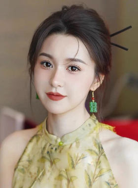 结婚耳环新中式绿色双喜耳饰女