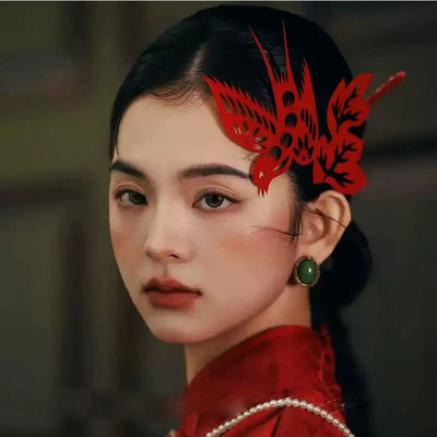 新中式国风新娘头饰红色非遗剪纸古典旗袍汉服发饰晨袍婚礼配饰品