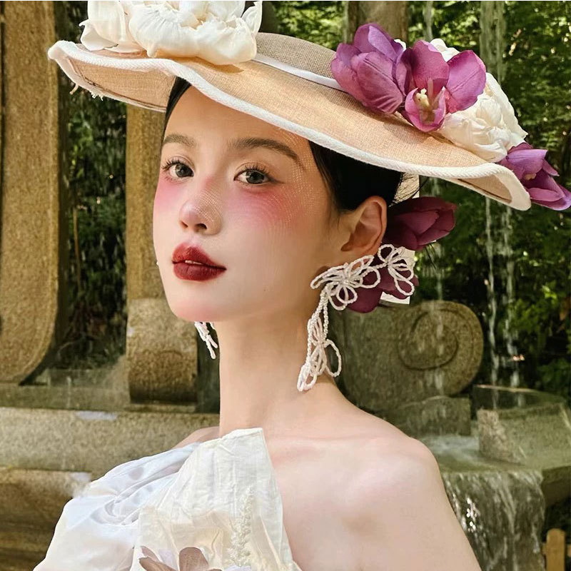 新款韩式串珠镂空花朵耳环设计感婚纱礼服耳钉新娘外景造型配饰品