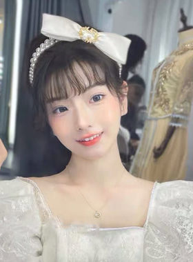 甜美日韩俏皮蝴蝶结珍珠发带气质套装新娘头饰结婚影楼配饰