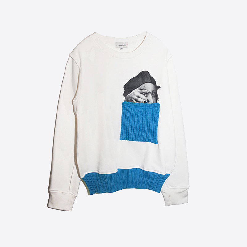 女士拉斐尔白色毛线拼接口袋长袖圆领卫衣Clooouds