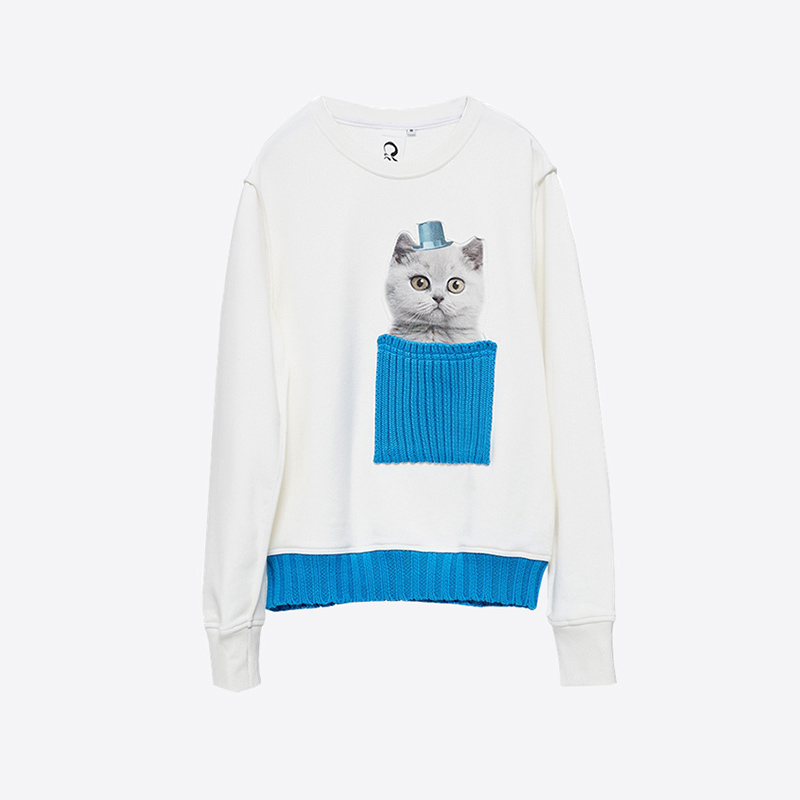 全棉白色圆领长袖毛线拼接卫衣