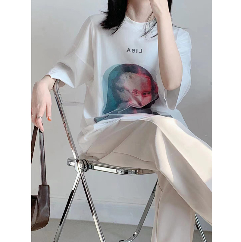 女双层拼接外网纱达芬奇蒙娜丽莎宽松圆领T恤Clooouds