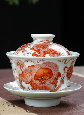 长物居手绘矾红描金三才盖碗景德镇瓷器茶具茶碗纯手工陶瓷茶器杯