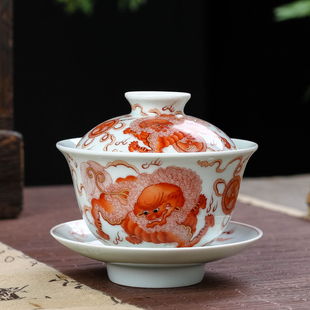 长物居手绘矾红描金三才盖碗景德镇瓷器茶具茶碗纯手工陶瓷茶器杯