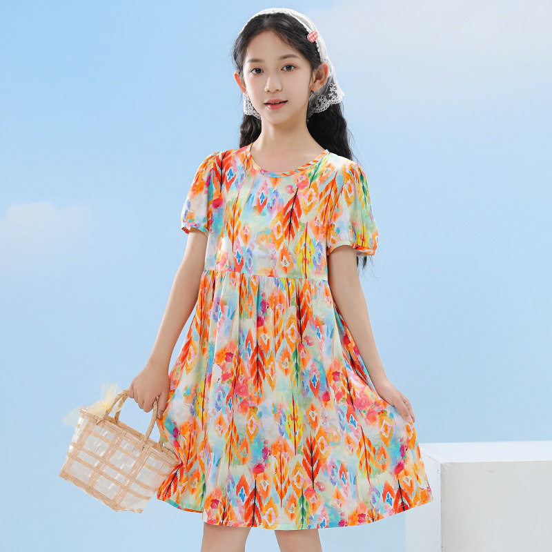 百咘噜女童夏季短袖连衣裙夏装棉绸碎花裙子海边度假沙滩裙公主裙