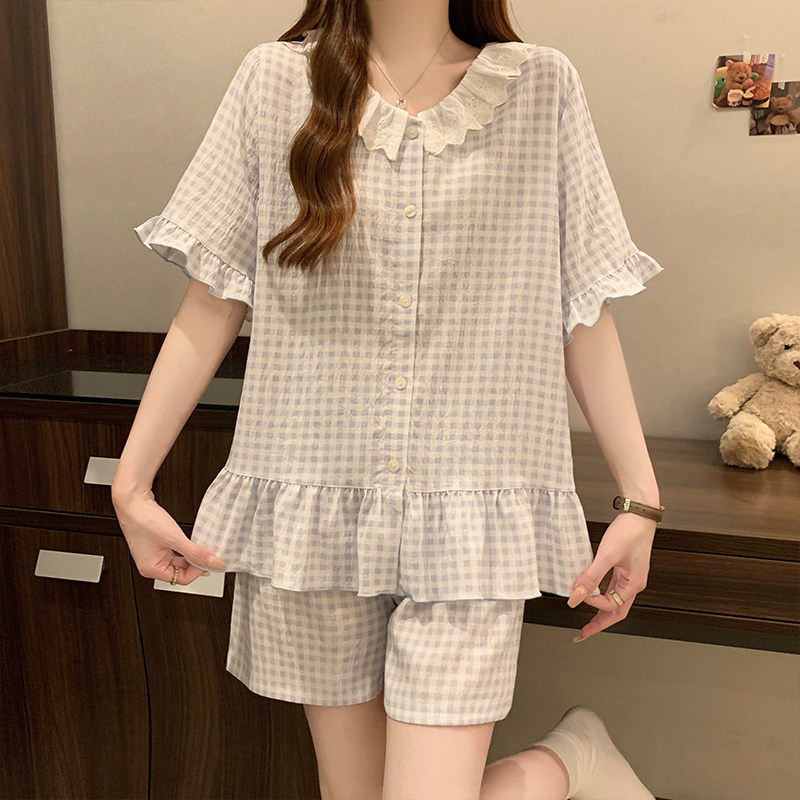 2025夏季新款韩系甜美蕾丝女款格子睡衣两件套短袖短裤套装家居服