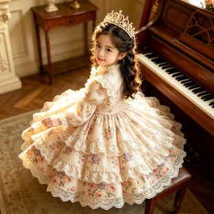 洛丽塔风碎花连衣裙女童甜美公主风蕾丝层叠蓬蓬裙小孩生日演出服