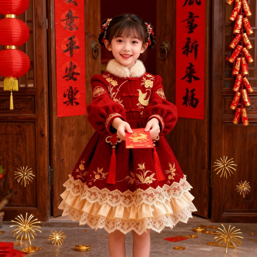 女童2026新款加绒拜年服小女孩中式喜庆周岁生日洋气洛丽塔公主裙