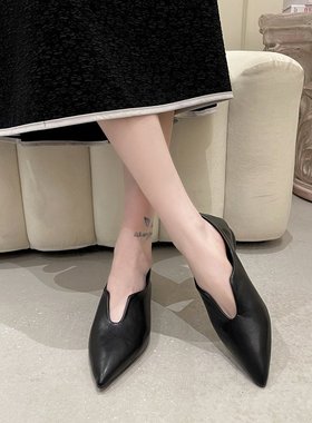 纯色职业尖头单鞋女气质2023春秋新款复古红色软底平底鞋豆豆鞋子