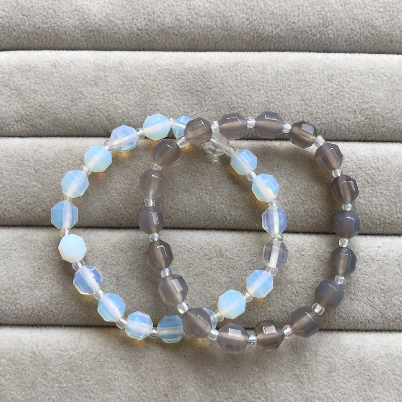 蛋白石路路通手链男女款灰玛瑙卫星钻石面单圈手串时尚首饰品礼物