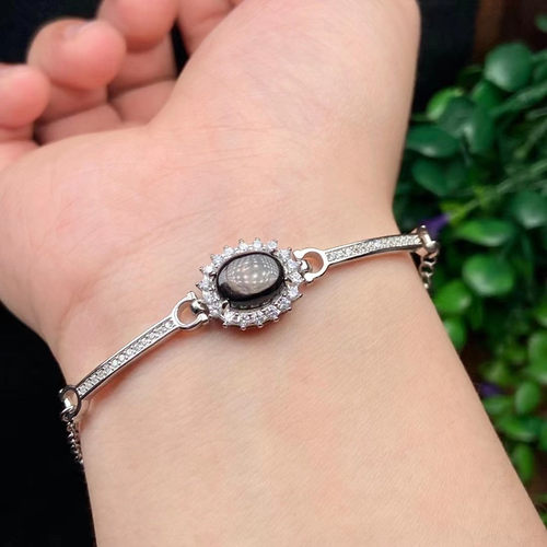 天然金运石镶嵌手链女款白铜托