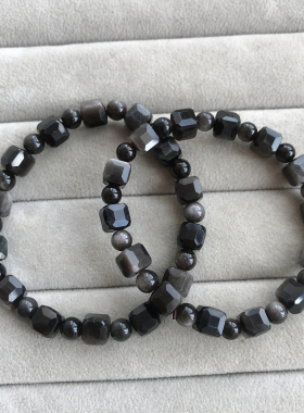 天然银曜石方糖单圈手