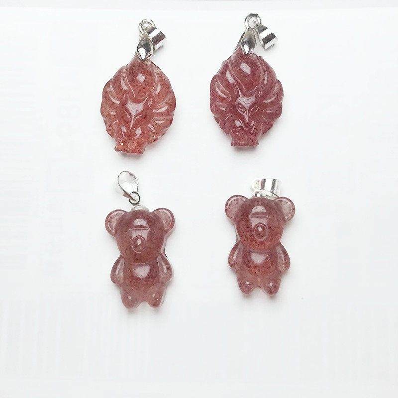 天然草莓晶九尾狐狸吊坠女小熊挂件佛公民族风项坠水晶项链首饰品