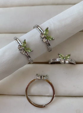 天然橄榄石戒指女款蝴蝶白铜托活口甜美简约百搭时尚饰品