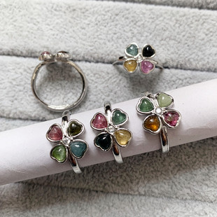 天然碧玺爱心戒指女白铜托活口排戒四叶草民族风时尚百搭水晶饰品