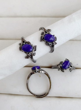 天然青金石戒指白铜托活口电镀枪黑色国风简约时尚水晶饰品