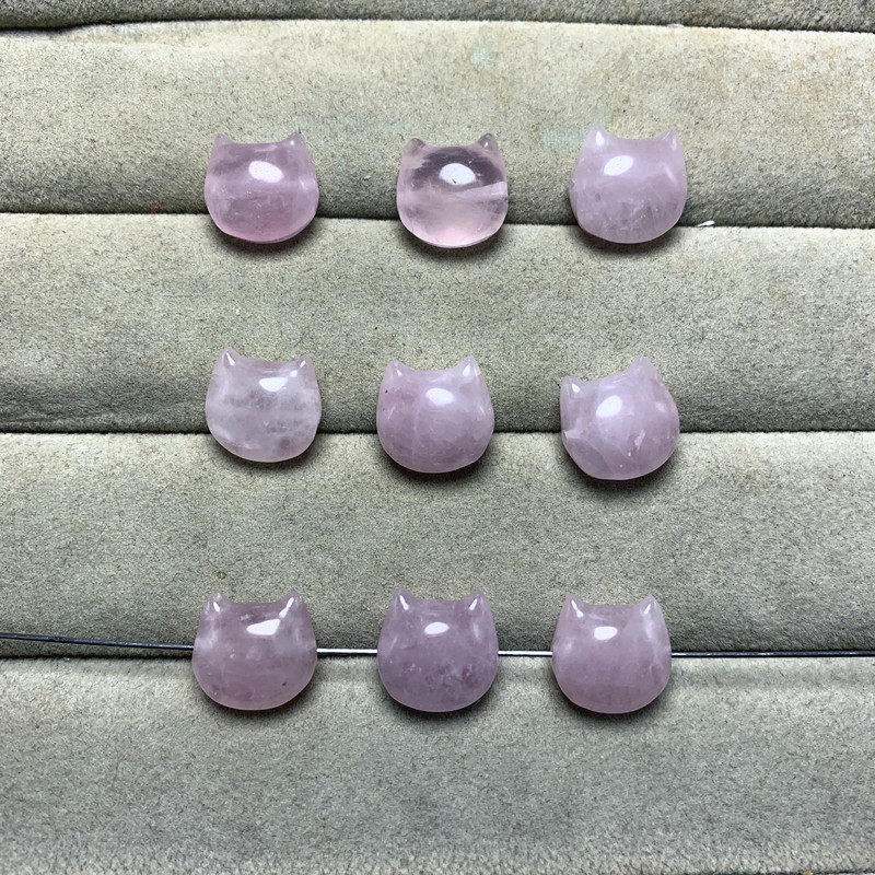 天然粉晶小猫头直孔手串手链通孔