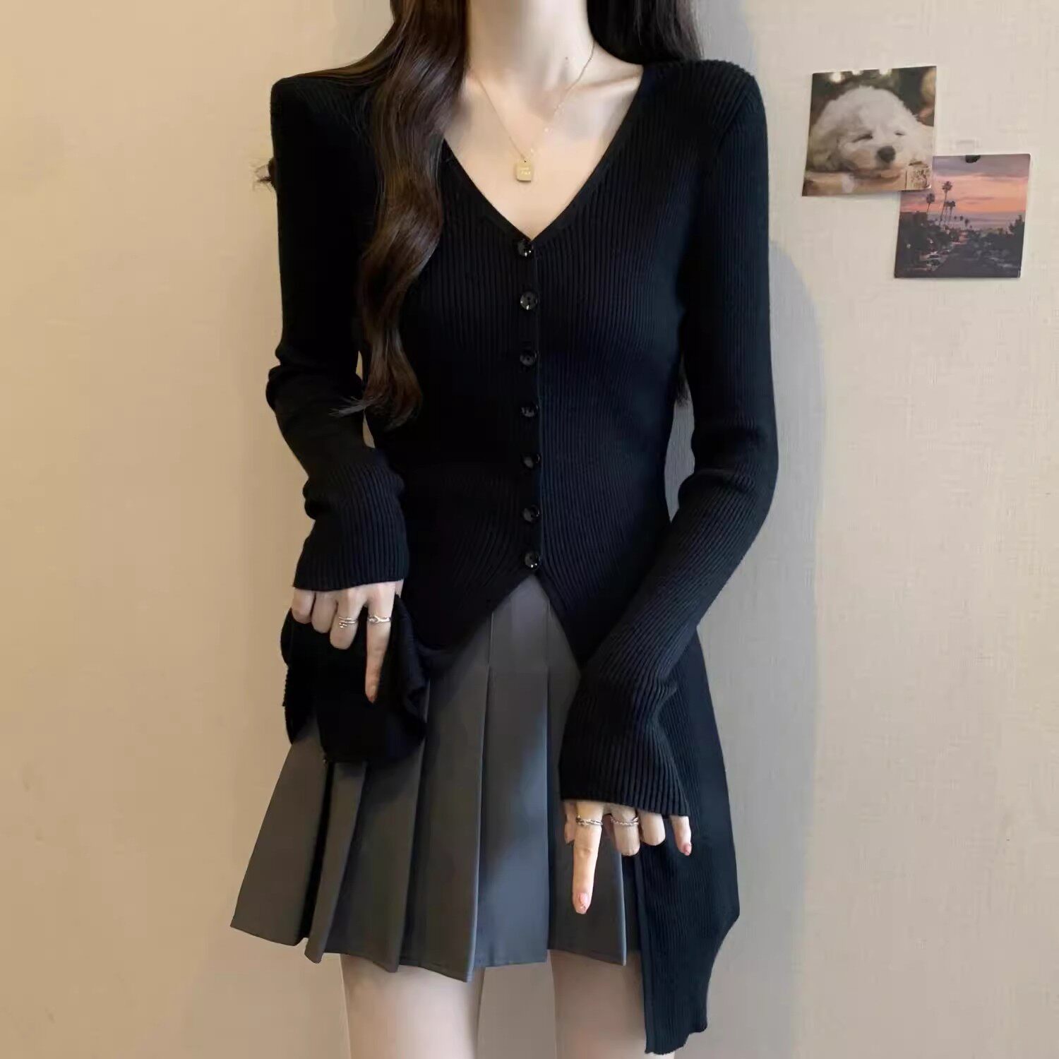 高级感V领长袖针织打底衫女早秋新款遮肚中长款气质开衫炸街上衣