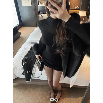 透视拼接针织连衣裙收腰紧身包臀裙秋冬季毛衣半高领打底裙女内搭