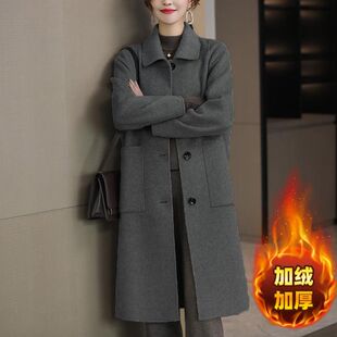 加绒加厚赫本风中长款灰色夹棉毛呢外套女2025秋冬新款小个子大衣