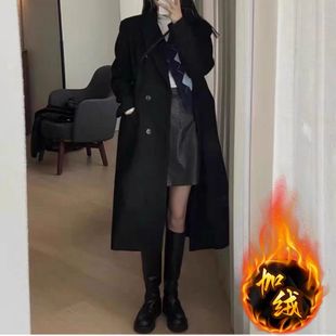 加绒加厚中长款黑色呢子大衣女春秋秋冬高级感韩系小个子毛呢外套
