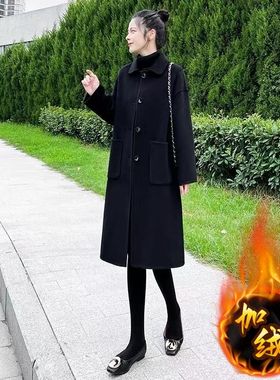 赫本风黑色大衣女中长款宽松2025新款秋冬小个子毛呢加绒外套加厚